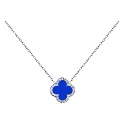 Jewelco London Silver Blue Clover Agate & CZ Halo Lucky Charm Pendant Necklace 16-18" - ANC104