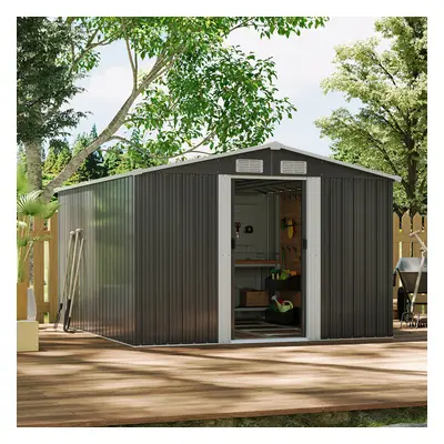 10 x ft Metal Shed Garden Storage Shed Apex Roof Double Door with Base Foundation, Charcoal Blac