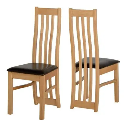 2x Ainsley Dining Chairs Oak Veneer/Brown Faux Leather (Sold In Pair)