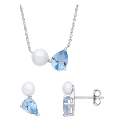 Jewelco London Sterling Silver Blue Pear Pearl CZ Baby Seal Pup Toi et Moi Earrings Necklace Set