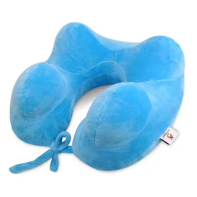 (Blue) Inflatable U Shape Cotton Neck Pillow Headrest Cushion Travel Airplane Sleep Rest