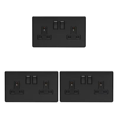 3 PACK Gang Double DP 13A Switched UK Plug Socket SCREWLESS MATT BLACK Power