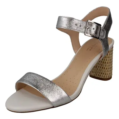 (UK 7, Silver) Ladies Clarks Block Heeled Peep Toe Sandals Amali Weave - D Fit