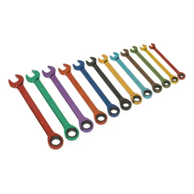 12pc MULTI COLOUR Combination Ratchet Spanner Kit - Hardened Metric Socket Ring