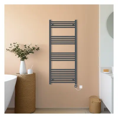 (Anthracite, 1400x600mm) NRG Prefilled Thermostatic Electric Straight Heated Towel Rail Radiator