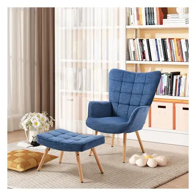 (Dark Blue) Upholstered Wingback Armchair with Footstool