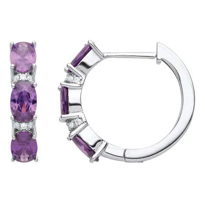 Jewelco London Ladies Rhodium Plated Sterling Silver Purple Oval CZ Arched Trilogy Hinged Huggie