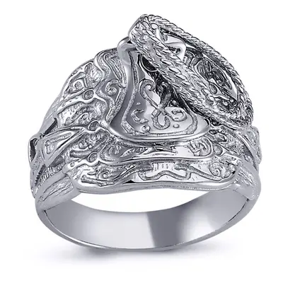 (Z) Jewelco London Mens Rhodium Plated Sterling Silver Horse Rope Saddle Ring 16mm