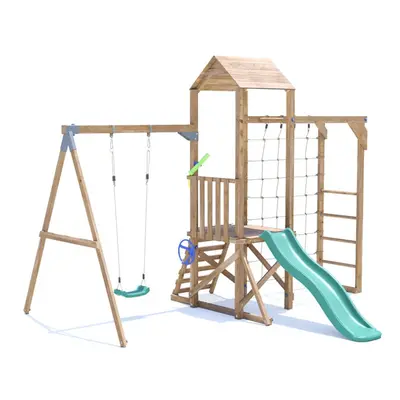 SquirrelFort Climbing Frame with Single Swing, Low Platform, Monkey Bars, Cargo Net & Slide