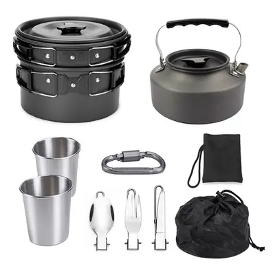 (Black) PCS Person Camping Cookware Set Outdoor Tableware Kit With 800ML Teapot/Cooking Pot/Fryi