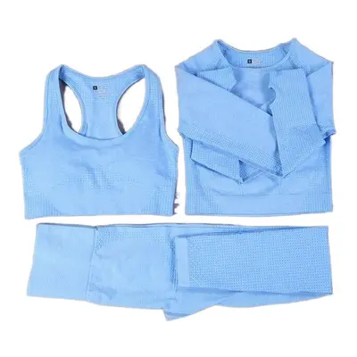 (Blue, 3Pcs Set) Women Seamless Yoga Set Gym SportWear Running Outwork Fitness Long SLeeve High 