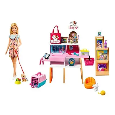 Barbie Doll (11.5-in Blonde) and Pet Boutique Playset with Pets, Color-Change Grooming Feature a