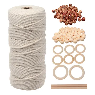 (B) DIY Craft Cord Yarn Natural Cotton Wooden Bead Kit Tapestry Macrame Wall Hanging