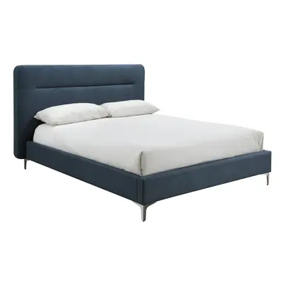 (Steel Blue, Double) Finn Modern Fabric Bed - Overhanging Headboard - Sprung Slatted Base