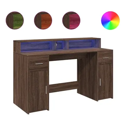 vidaXL Desk with LED Lights Writing Working Table Brown Oak Engineered Wood