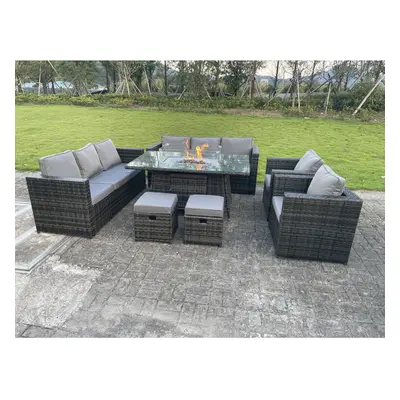 Fimous Rattan Garden Furniture Gas Fire Pit Dining Table Sets Chairs Small Footstools Seater