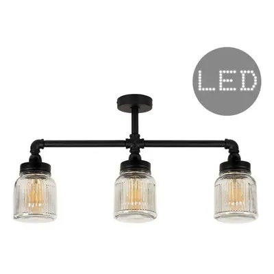 Satin Black Way Bar Pipework Ceiling Light with Clear Glass Ribbed Pattern Design Jar Shades - W