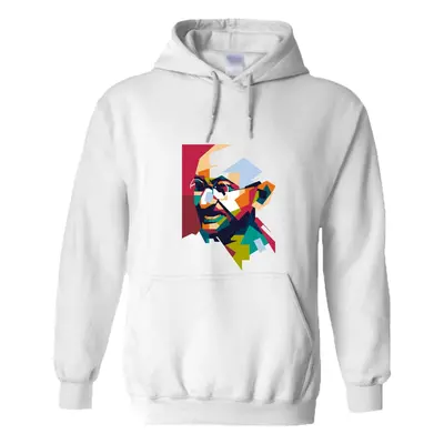 (4XL) Mahatma Gandhi Hindi Indian Hero Men White Hoodie Hooded Sweat Sweater