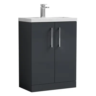 Floor Standing Door Vanity Unit with Polymarble Basin, Soft Black, 600mm