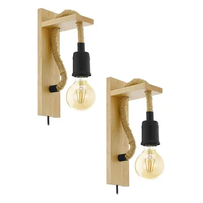 2 PACK LED Wall Light / Sconce Modern Wood & Rope Hangman Lamp 1x 10W E27