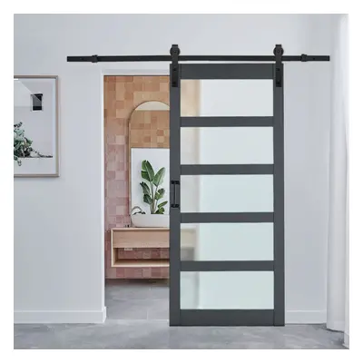 (Dark Grey) 3FT Wood &Glass Barn Door Kitchen Bedroom Door for Sliding Barn Door