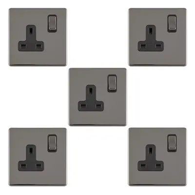 5 PACK Gang DP 13A Switched UK Plug Socket SCREWLESS BLACK NICKEL Wall Power