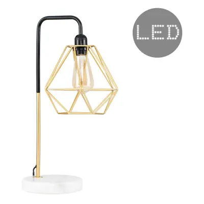 Retro Black/Gold Effect Metal & White Marble Table Lamp with a Gold Metal Basket Cage Shade + 4w