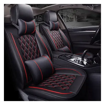 (Black/Red) Deluxe Universal Seats Car Seat Cover PU Leather Front + Rear Cushion with Pillow