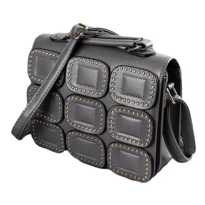 (Grey) Women Crossbody Bag PU Leather Rivet Flap Magnetic Press Stud Shoulder Handbag