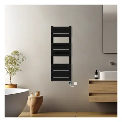 (Black, 1200x450mm) Pre-filled Electric Heated Towel Rail Radiator Flat Panel Thermostatic