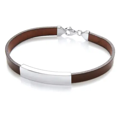 Jewelco London Mens Chocolate Brown Leather Stainless Steel Flat ID Bar Strap Bracelet 8mm inch 