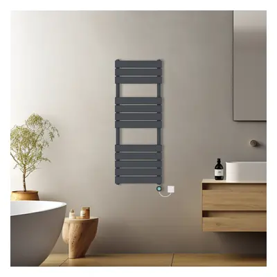 (Anthracite, 1200x450mm) Pre-filled Electric Heated Towel Rail Radiator Flat Panel Thermostatic