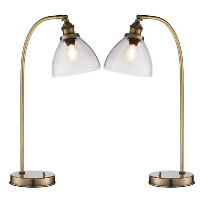 2 PACK Industrial Curved Table Lamp Antique Brass & Glass Modern Bedside Light