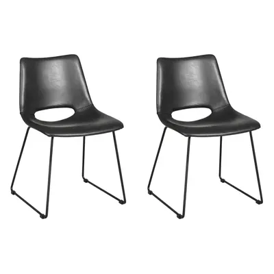 Pair Faux Leather Dining Chairs Padded Seat Kitchen Chair Set Metal Legs - Black