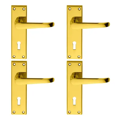 4x PAIR Straight Victorian Handle on Lock Backplate x 42mm Polished Brass