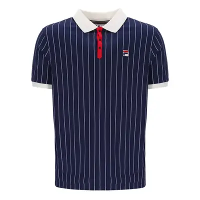 (NAVY/GARDENIA , SMALL) Fila Men's Retro Classic Cotton Striped Polo Shirt