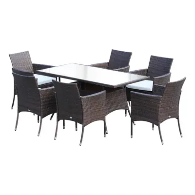 Outsunny Rattan Dining Set for with Cushions, Glass Top Table, Brown