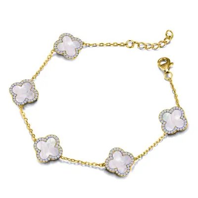 Jewelco London Gold-plated Silver Clover Mother of Pearl & CZ Halo Lucky Charm Station Bracelet 