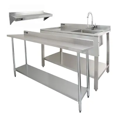 Stainless Steel Catering Bench & Wall Shelves Commercial Kitchen Work Prep Table