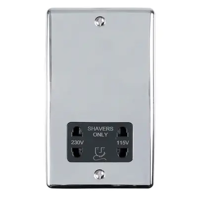 230v & 115v Shaver Twin Socket Wall Plate CHROME & Black Trim 86mm x 146mm