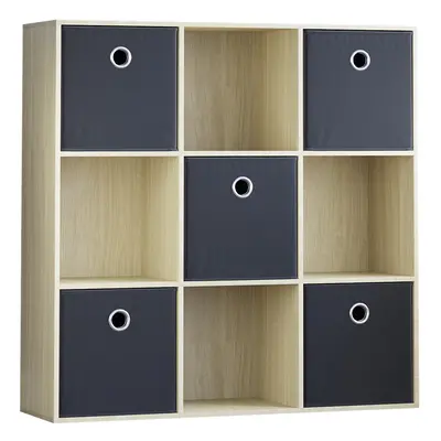 (Oak, Black) Durham 3x3 Cube Shelf Drawer Bookcase + Baskets