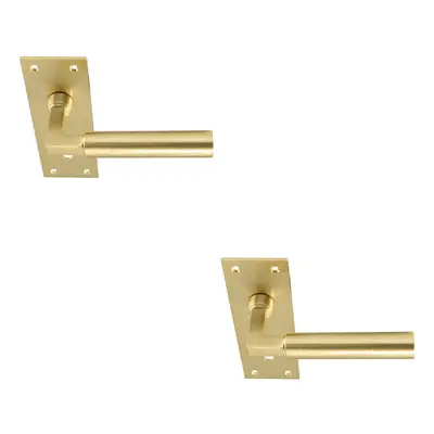 2x PAIR Round Bar Handle on Slim Lock Backplate x 50mm Satin Brass