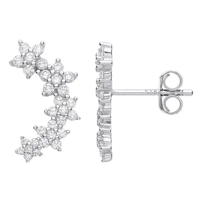 Jewelco London Ladies Rhodium Plated Sterling Silver CZ Shooting Star Flower Cluster Drop Earrin