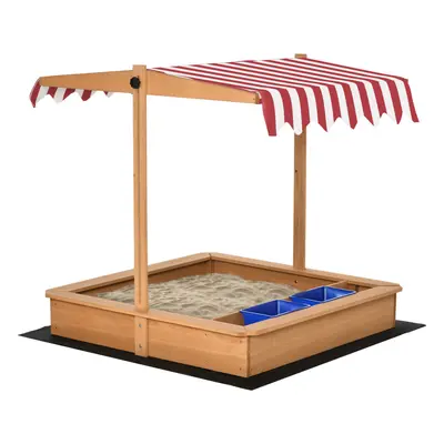 Outsunny Kids Wooden Sandbox Sand Pit Height Adjustable with Canopy Basins