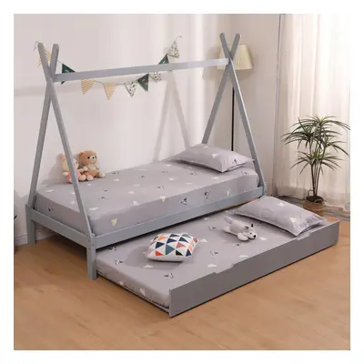 (Grey With Trundle, No Mattress) Harry Teepee Tent Kids Single Wooden Bed Frame