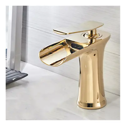 (Gold) Bathroom Basin Waterfall Faucet Hot Cold Mixer Tap Single Hole Handle Sink Modern Vanity