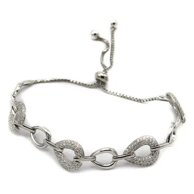 Jewelco London Rhodium Sterling Silver Cubic Zirconia Pear Avocado Link Toggle Slider Bracelet 8