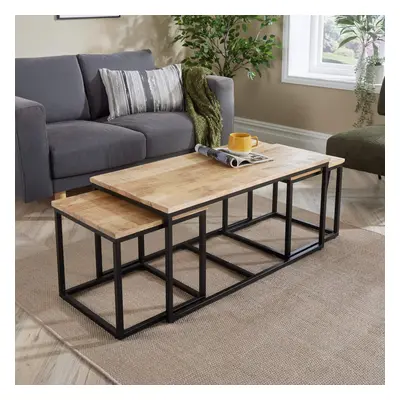 Home Source Cherokee Solid Mango Wood Black Iron Legs Nest of Tables