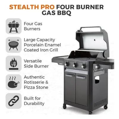 Tower T978525 Stealth Pro Four Burner Gas BBQ with Side Burner, Rotisserie Kit and Pizza Stone, 