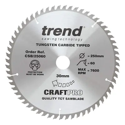 Trend CSB/25060 Craft Pro Trimming Crosscut TCT Blade for Table and Circular Saws, 250mm x Teeth